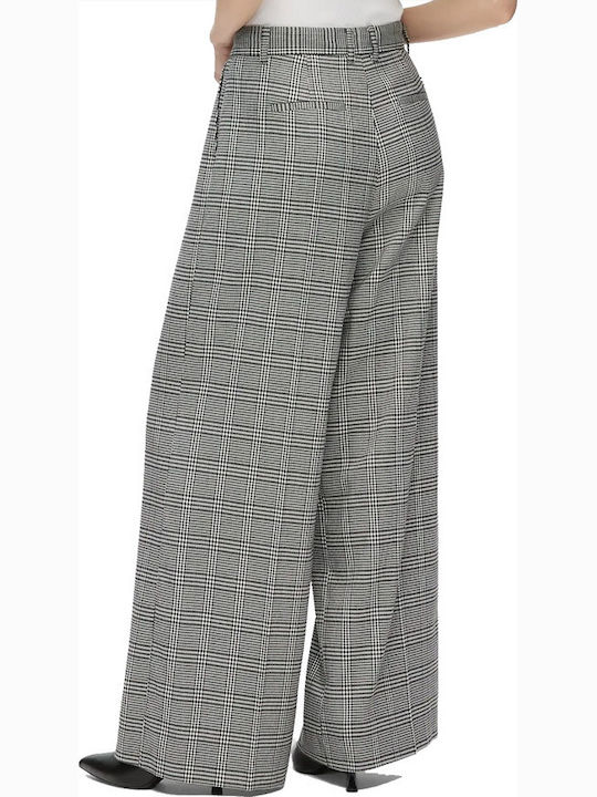 Pantaloni Dama Din Material Cu Talie Înaltă, Croială Dreaptă, În Carouri Alb-Negru