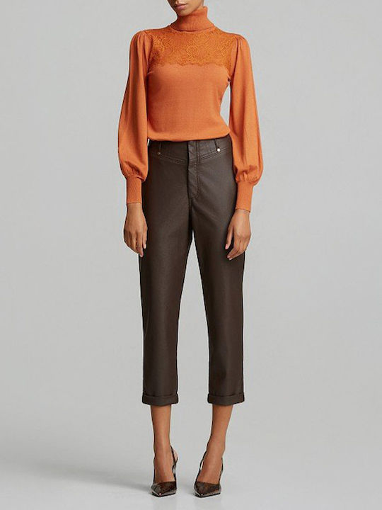 Women's High-Rise Leather Trousers in a Baggy Fit Brown
