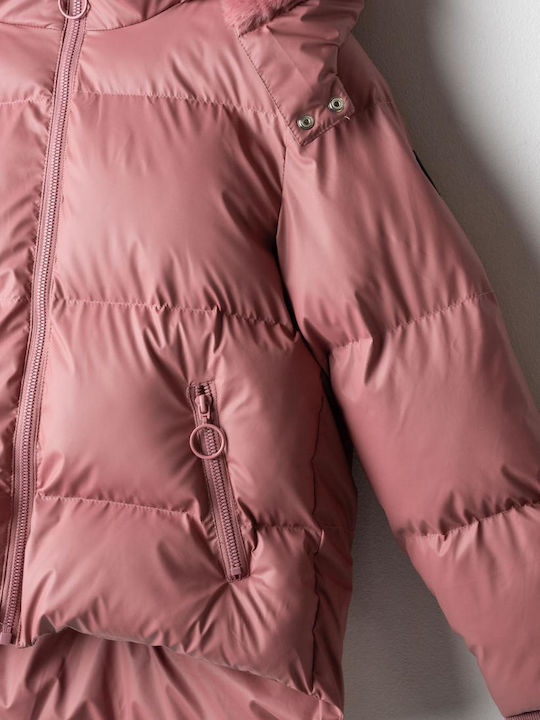 Evita Lange gesteppte Kinderjacke mit Futter und Kapuze in Altrosa