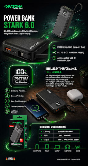 Patona Stark 6.0 Външна батерия 20000mAh 30W с USB-A порт и USB-C порт Power Delivery, Черна