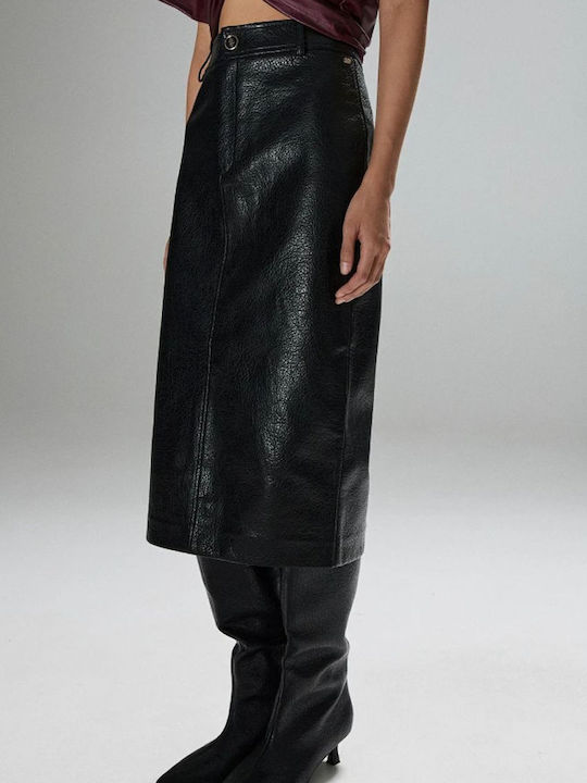 Leather High-Waisted Midi Skirt Black