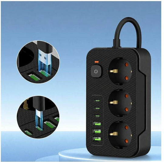 Разклонител с 3 гнезда, 3 USB-A, USB-C, превключвател и кабел 3 м