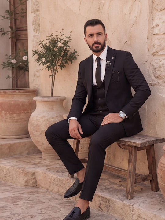 Winter Men's Groom's Suit with Vest in Slim Fit Black