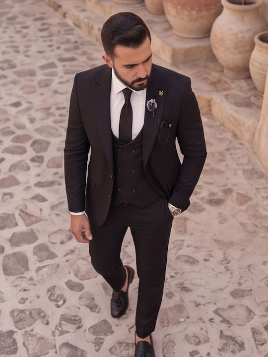 Winter Men's Groom's Suit with Vest in Slim Fit Black