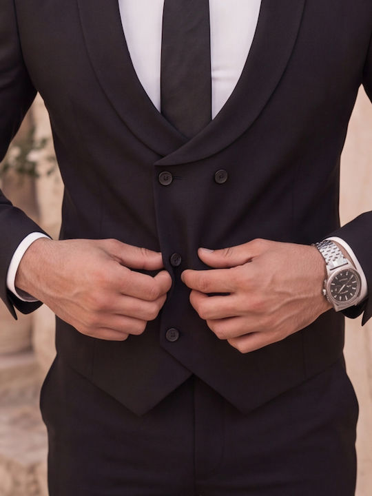 Winter Men's Groom's Suit with Vest in Slim Fit Black