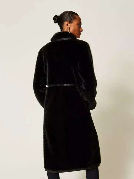 Women's Coat Black with Fur Details