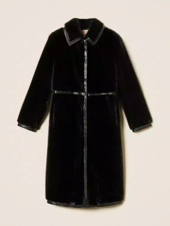Women's Coat Black with Fur Details