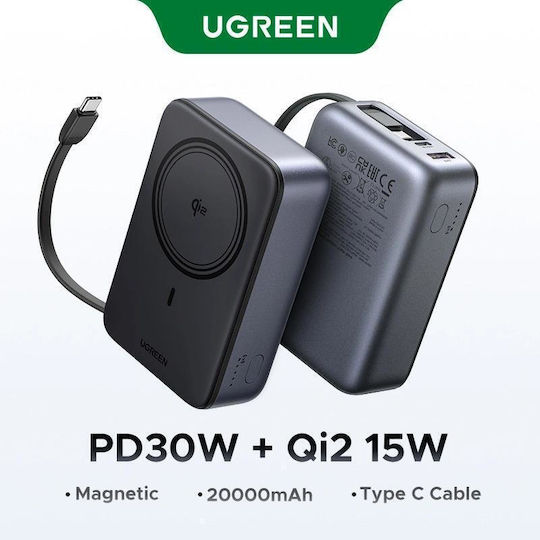 Ugreen PB567 MagSafe Qi2 Power Bank 20000mAh 15W mit USB-A Ausgangsanschlüsse und USB-C Ausgangsanschlüsse Grau