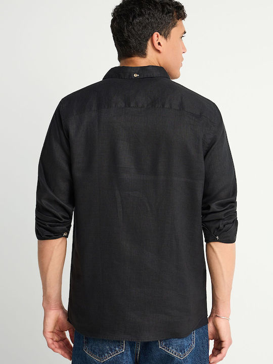 Funky Buddha Leinen Herrenhemd Normale Passform Schwarz Funky Buddha Leinen Herrenhemd Normale Passform Schwarz