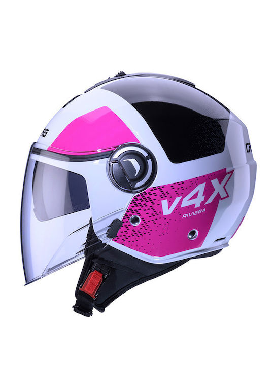 Caberg Riviera V4X Alpha O8 Alb/Fucsia/Negru Cască Moto Jet ECE 22.06 1150 g cu Vizieră de Soare