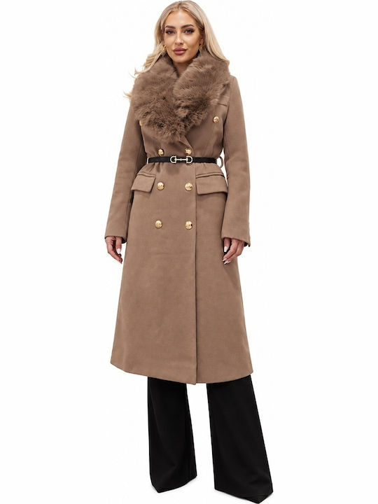 Wool Women's Coat Brown with Fur Details