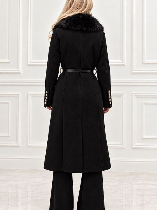 Wool Women's Coat Black with Fur Details