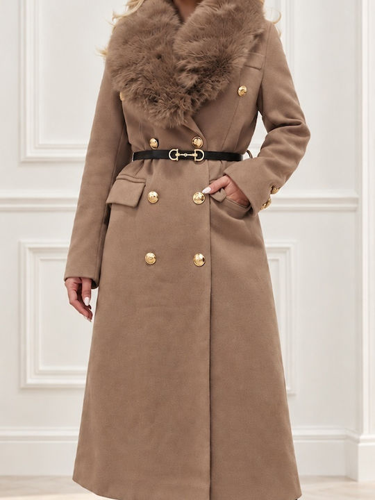 Wool Women's Coat Brown with Fur Details