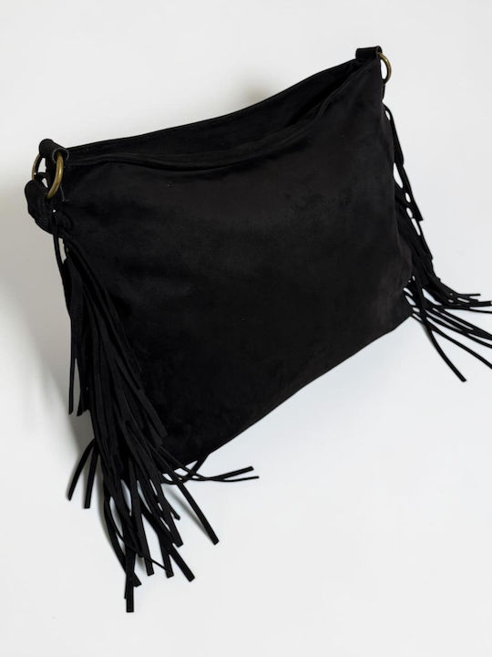 Women's Suede Messenger Bag with Fringes Black
