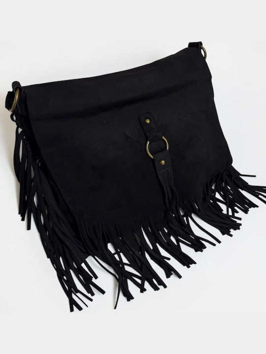 Women's Suede Messenger Bag with Fringes Black