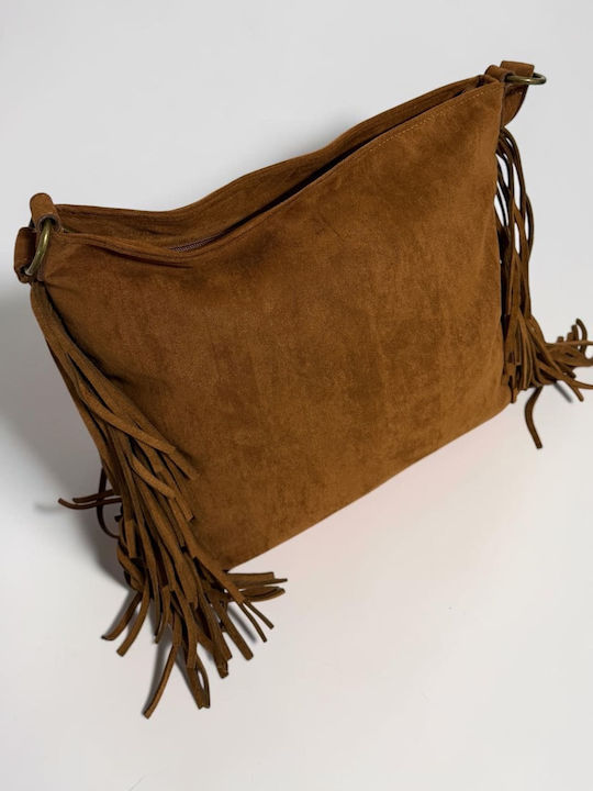 Women's Suede Messenger Bag with Fringes in Tabac Brown