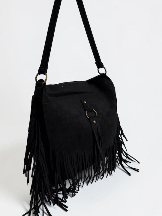 Women's Suede Messenger Bag with Fringes Black