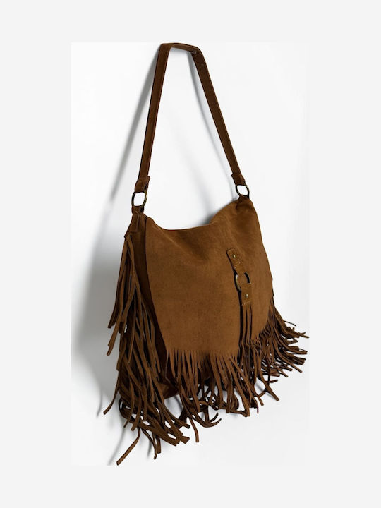 Women's Suede Messenger Bag with Fringes in Tabac Brown