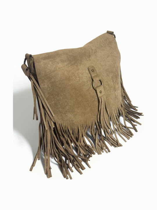 Women's Suede Messenger Bag with Fringes Beige