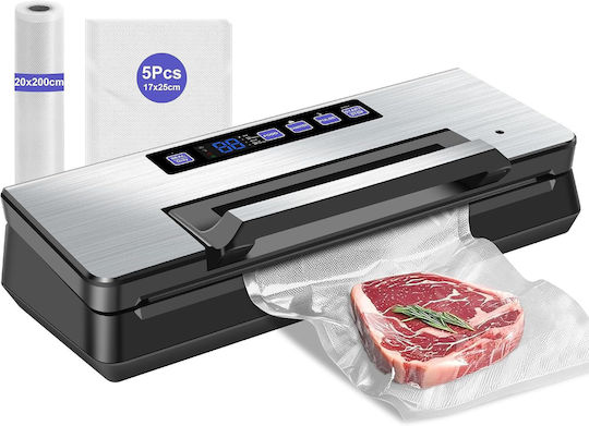 Aparat de Vidat Alimente cu Două Pompe, 18 L/min, 145 W, 95 kPa, Automat cu o Singură Atingere, Bandă de Sigilare de 5 mm, Cutter, Compartiment pentru Role, Tavă pentru Lichide, Argintiu și Negru