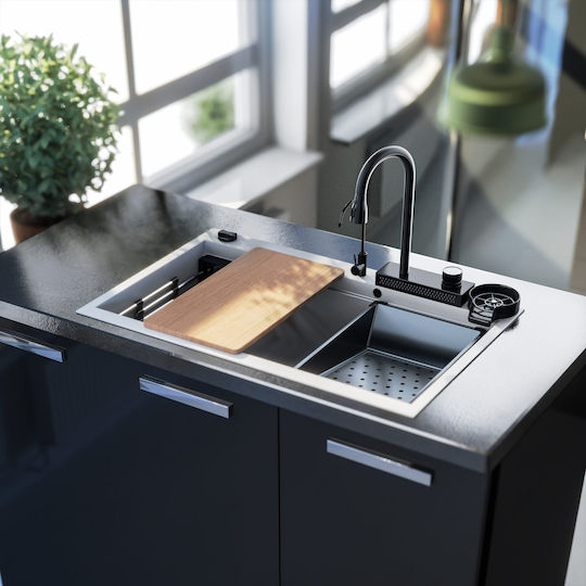 Sanitec Ultra Granite Drop-In Küchenspüle aus Flüssigem Granit mit Wasserhahn M79xP50cm Schwarz Matt