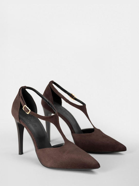 Suede Pointed Toe Heels with Strap Brown