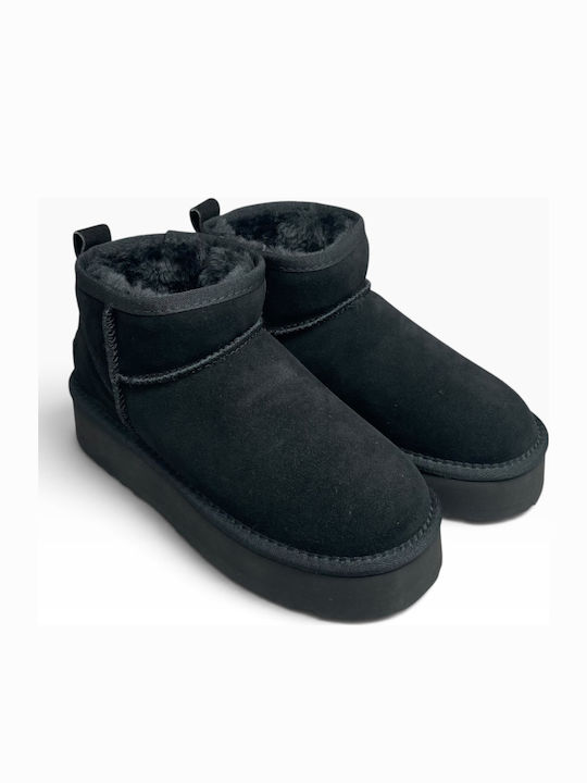 Leather Women's Ankle Boots with Fur Negro