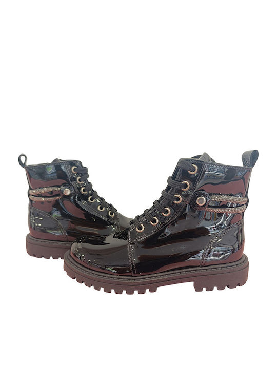 Kids Patent Leather Military Boots with Zipper Black