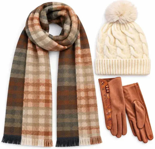 Set with Beanie Knitted in Brown color