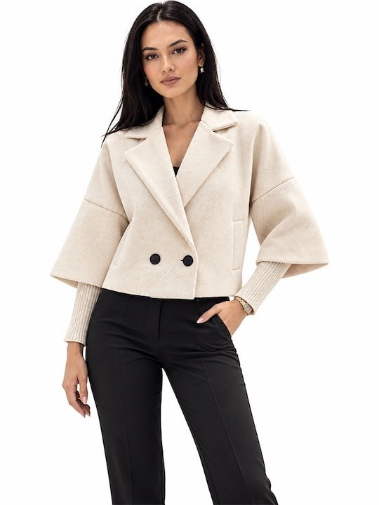 Denim Women's Leopard Coat Cream with Buttons