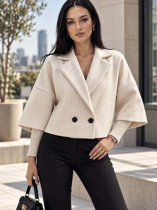Denim Women's Leopard Coat Cream with Buttons