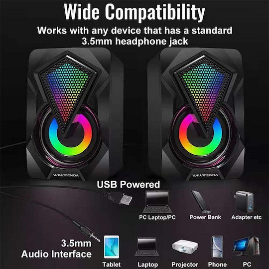N-19 Компютърни говорители 2.0 с RGB Осветление и Мощност 6 W Черни