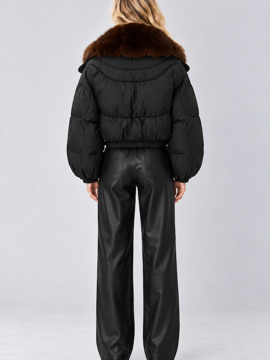 Crop Γυναικείο Puffer Μπουφάν για Χειμώνα Black