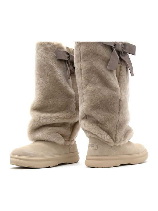 Apres City Tall Suede Γυναικείες Μπότες με Γούνα Μπεζ