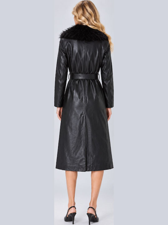 Leather Women's Coat Black with Buttons