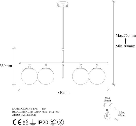 Opviq Gold Hängelampe Gelb Schiene für 4 Lampen E14, E.14 81x15x36cm.