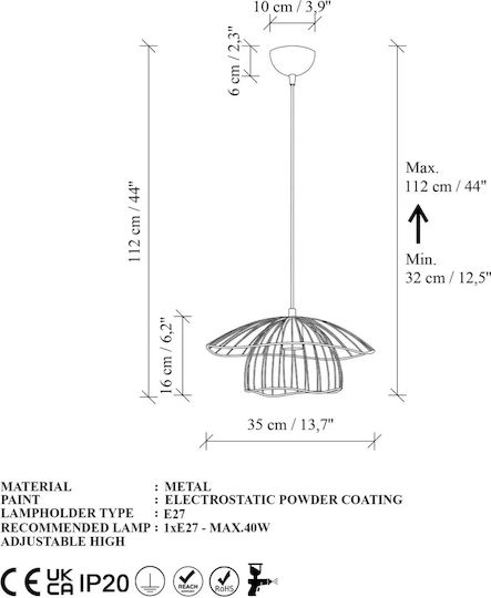 Opviq Mantar Lumini Suspendate Galbene cu Bază de Bec E27 35x35x112cm