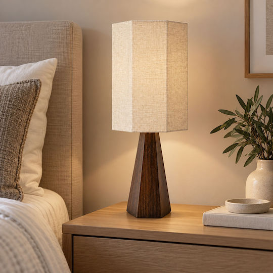 Ankor Wooden Table Lamp with Beige Shade and Brown Base