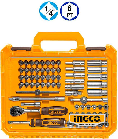 Ingco Chei Tubulare cu Pătrat de Antrenare de 1/4" Set de 69 Bucăți