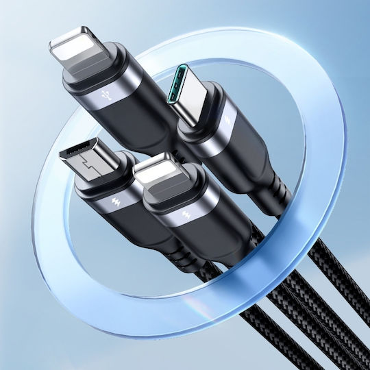 Joyroom S-A18 Плетен USB Кабел към Lightning / Type-C / micro USB 3.5A Черен 1.2 м