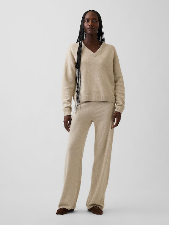 Pulover Cropped de Damă din Bumbac cu Decolteu în V Cobblestone Beige
