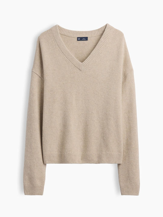 Pulover Cropped de Damă din Bumbac cu Decolteu în V Cobblestone Beige