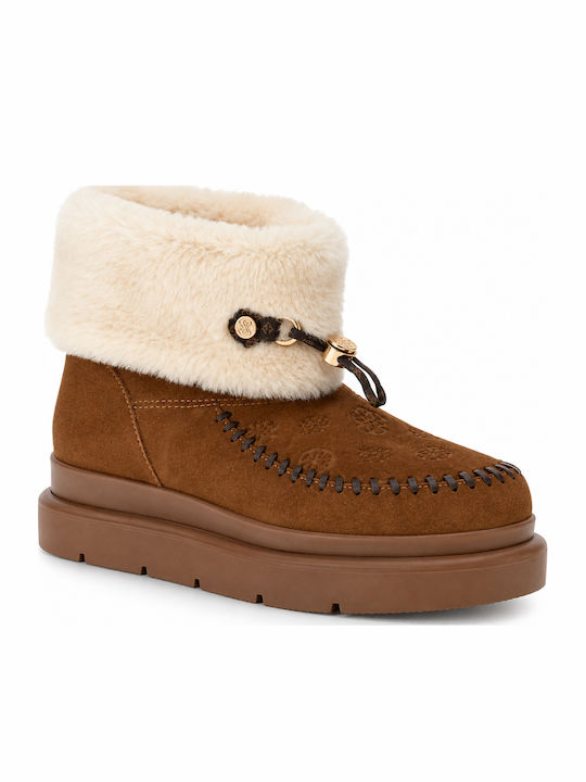 Leather Women's Ankle Boots with Fur Tabac Brown