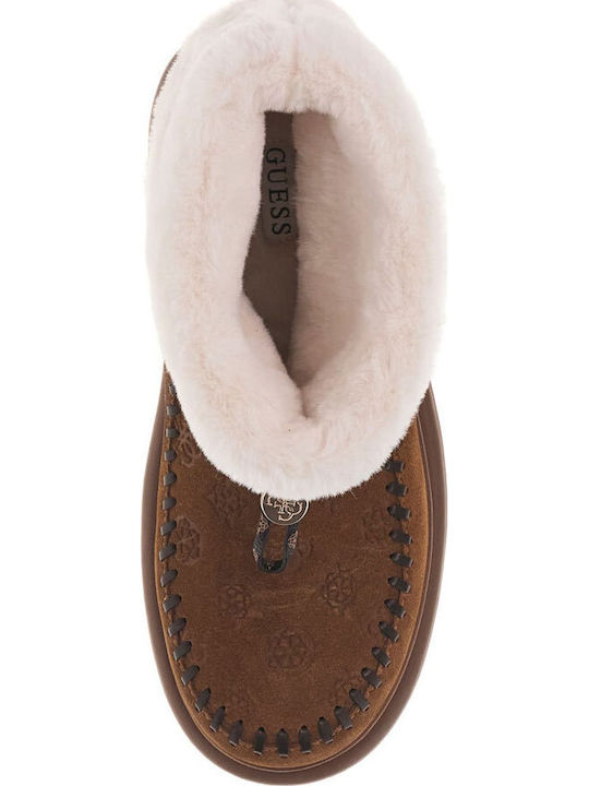 Leather Women's Ankle Boots with Fur Tabac Brown