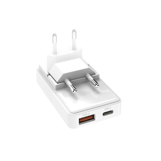 SBS Ladegerät ohne Kabel mit USB-A Anschluss und USB-C Anschluss 20W Stromlieferung Weißs (98473)