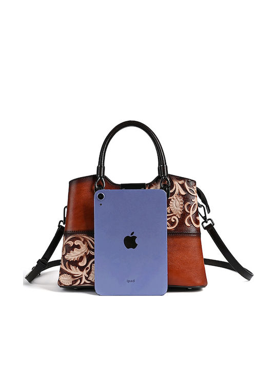 Geometric Floral Кафява Дамска Кожена Чанта Shopper