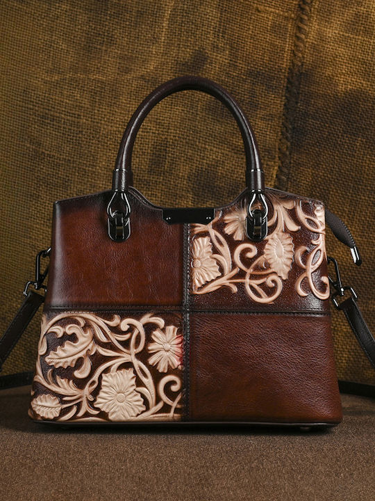 Geometric Floral Кафява Дамска Кожена Чанта Shopper