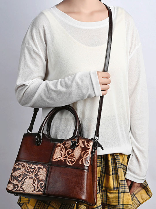 Geometric Floral Кафява Дамска Кожена Чанта Shopper