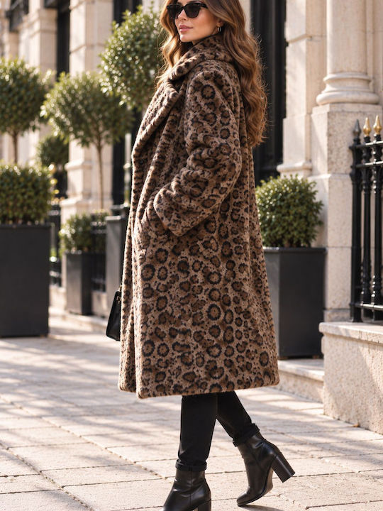 Denim Damenmantel mit Leopardenmuster in Beige und Pelzdetails