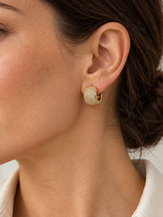 Women's Wide Hoop Earrings Steel Pavé Stones – Gold Tone Women's Wide Hoop Earrings Steel Pavé Stones – Gold Tone